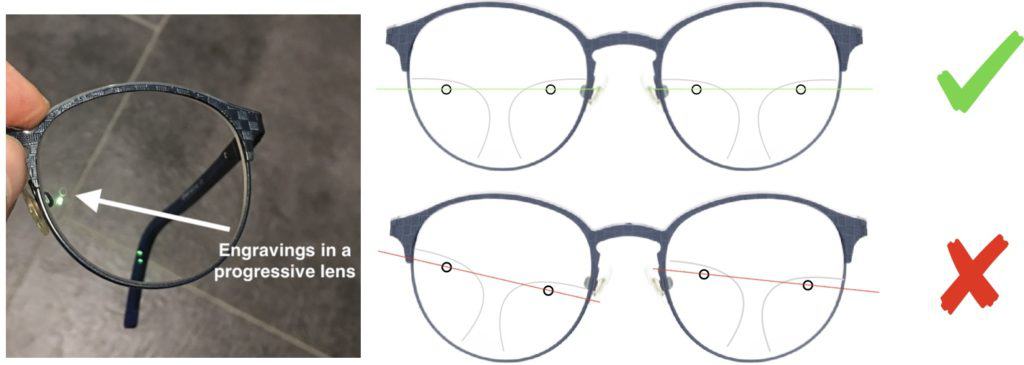 The picture show the engravings of progressive lenses and how they should be adjusted