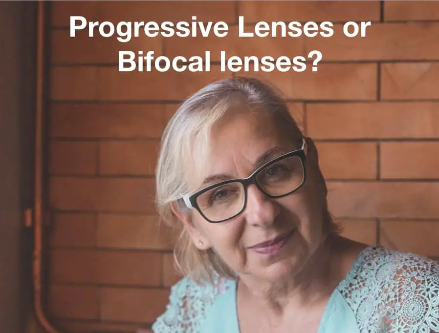 The picture shows a lady with glasses and the question progressive lenses or bifocal lenses?