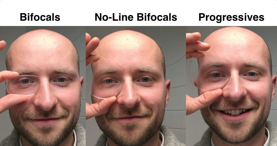 differeces shown from bifocals, no line bifocals and progressives.