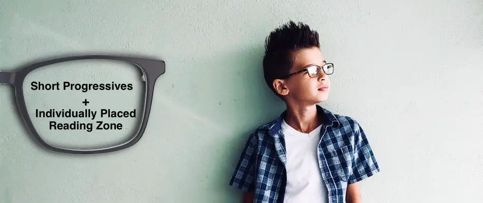 The image shows a boy with glasses. Near to him on the left there are glasses with the instructions on how to design a progressive lens for myopia care