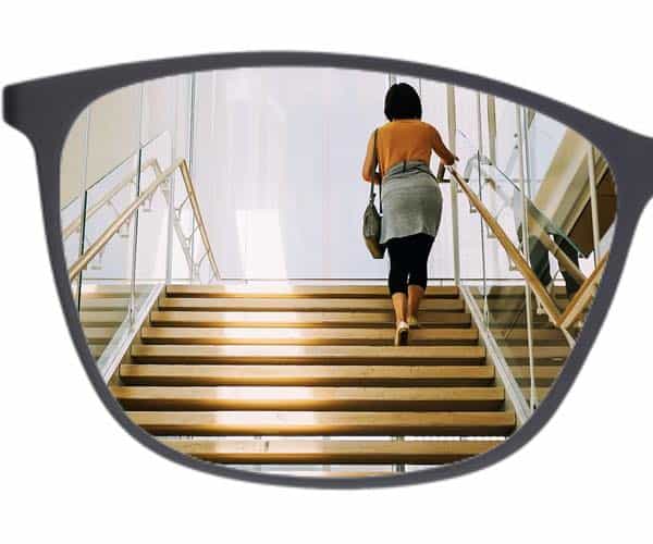 The picture Shows one half of a frame for progressive glasses and stairs