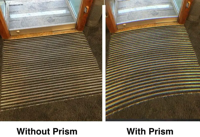 The picture shows actual footage of a doorstep on the right and on the left. On the right the view is presented with prism and therefore with distortions. On the left there are no prisms and therefor no distortions.