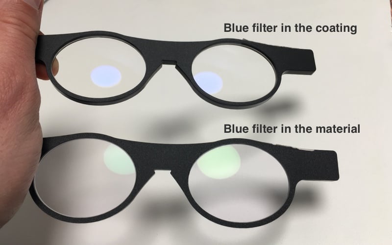 Two blue filters are shown that could be ordered with progressive lenses. The upper blue filter is build in the coating the lower one is built into the material.