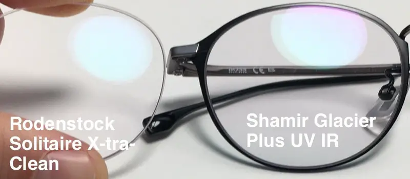 The picture shows the coating from Rodenstock Solitaire X-tra-Clean and the Shamir Glacier Plus UV IR on their progressive lenses