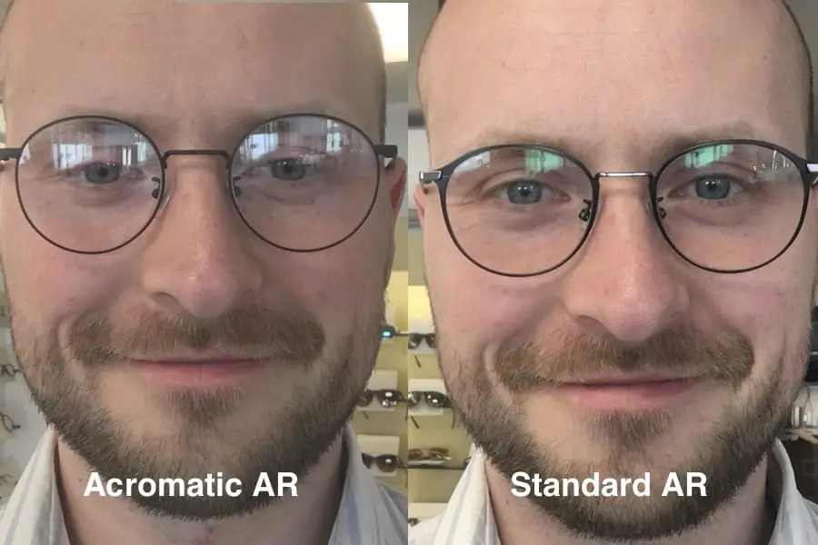 Ordering the wrong anti reflection is a mistake. On the left side you can see the acromatic coating and on the right side the standard AR on my progressive lenses