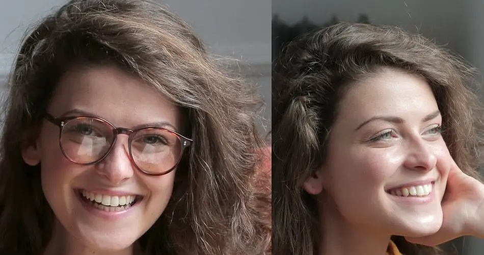 the picture shows a woman with and without glasses