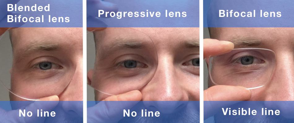 the picture shows two no line bifocals and a classic bifocal lens